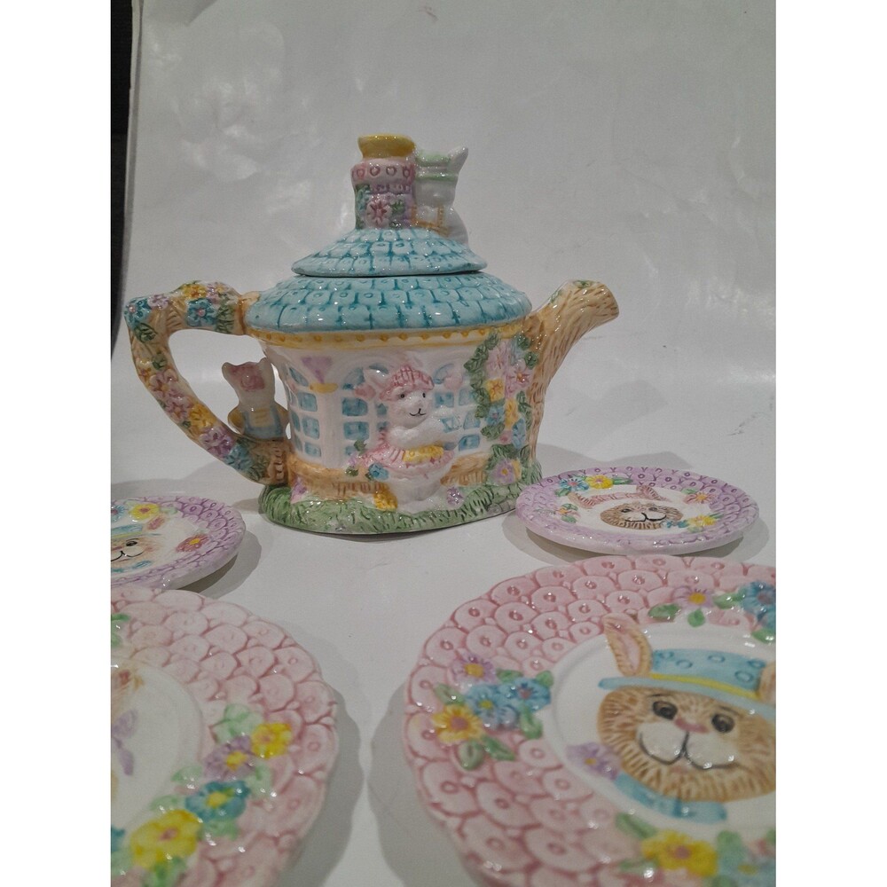 Vintage Easter Teapot with  Saucers